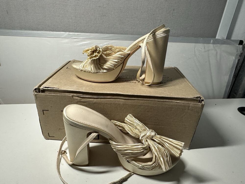 VETASTE Women's Pleated Bow Knot Platform Heeled Sandals Open Toe Chunky Block 7